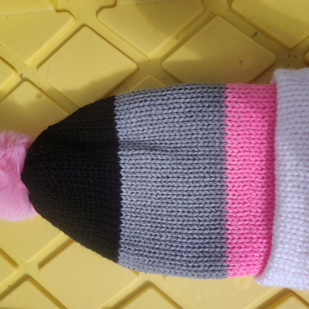New! Hand Knitted Stylish Pink and Gray Knit Beanie